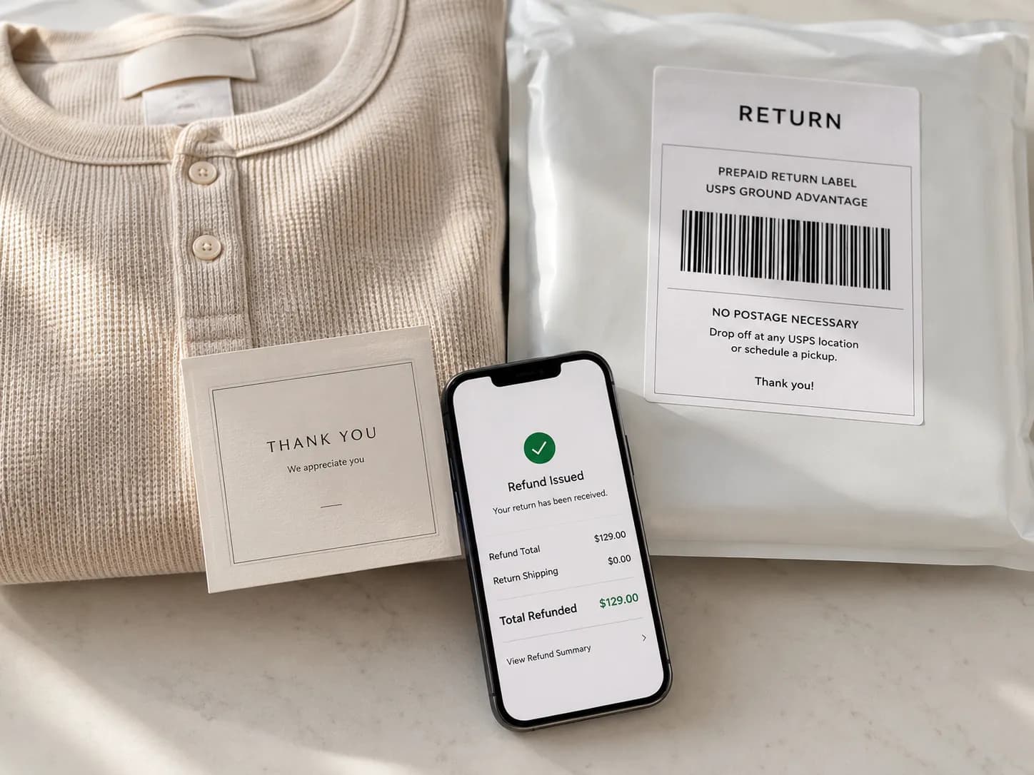 Folded garment beside a prepaid return label and a smartphone displaying a refund confirmation on a bright neutral surface, illustrating a free mail return experience.