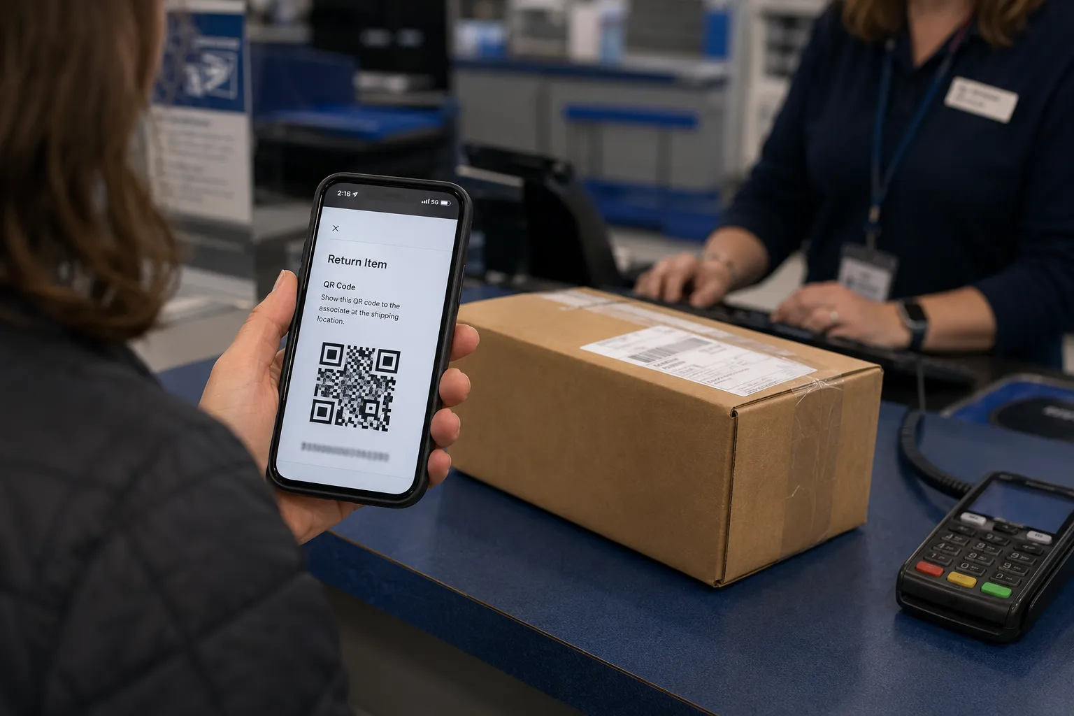 Phone showing a Nordstrom QR-code return at a shipping counter