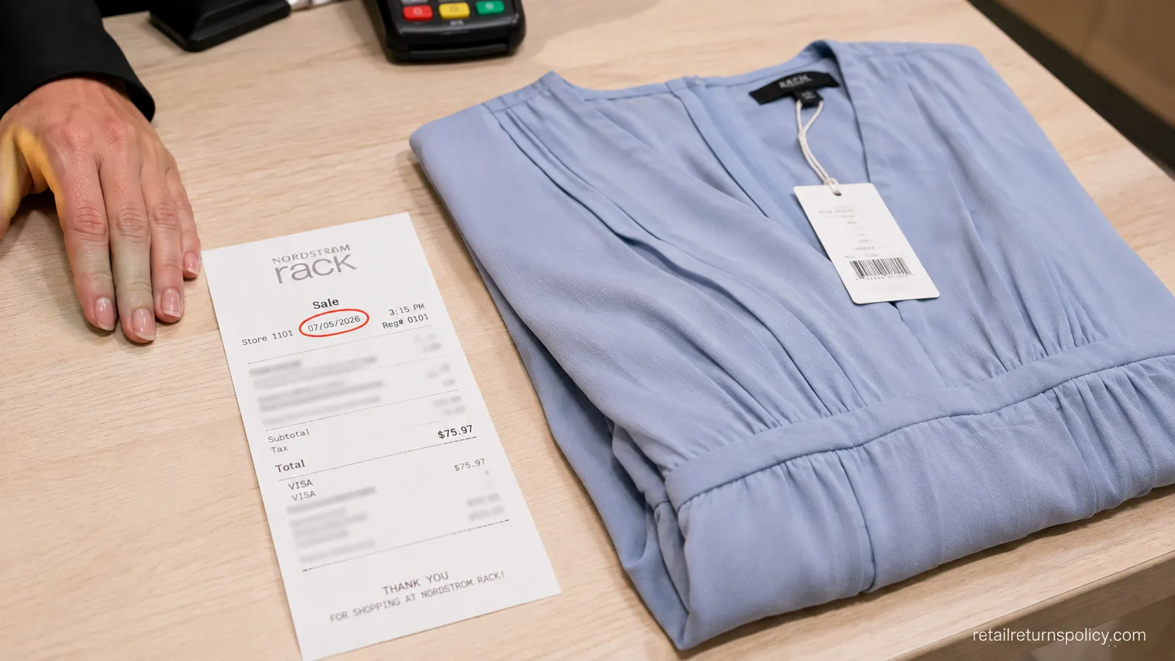 Nordstrom Rack receipt beside a returned dress showing the purchase date for the 40-day window.