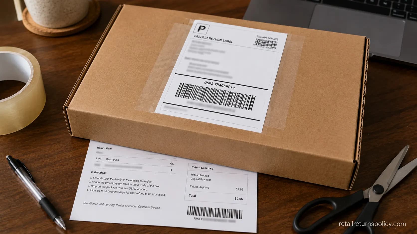 NordstromRack.com prepaid return label on a box illustrating the $9.95 mail return fee.