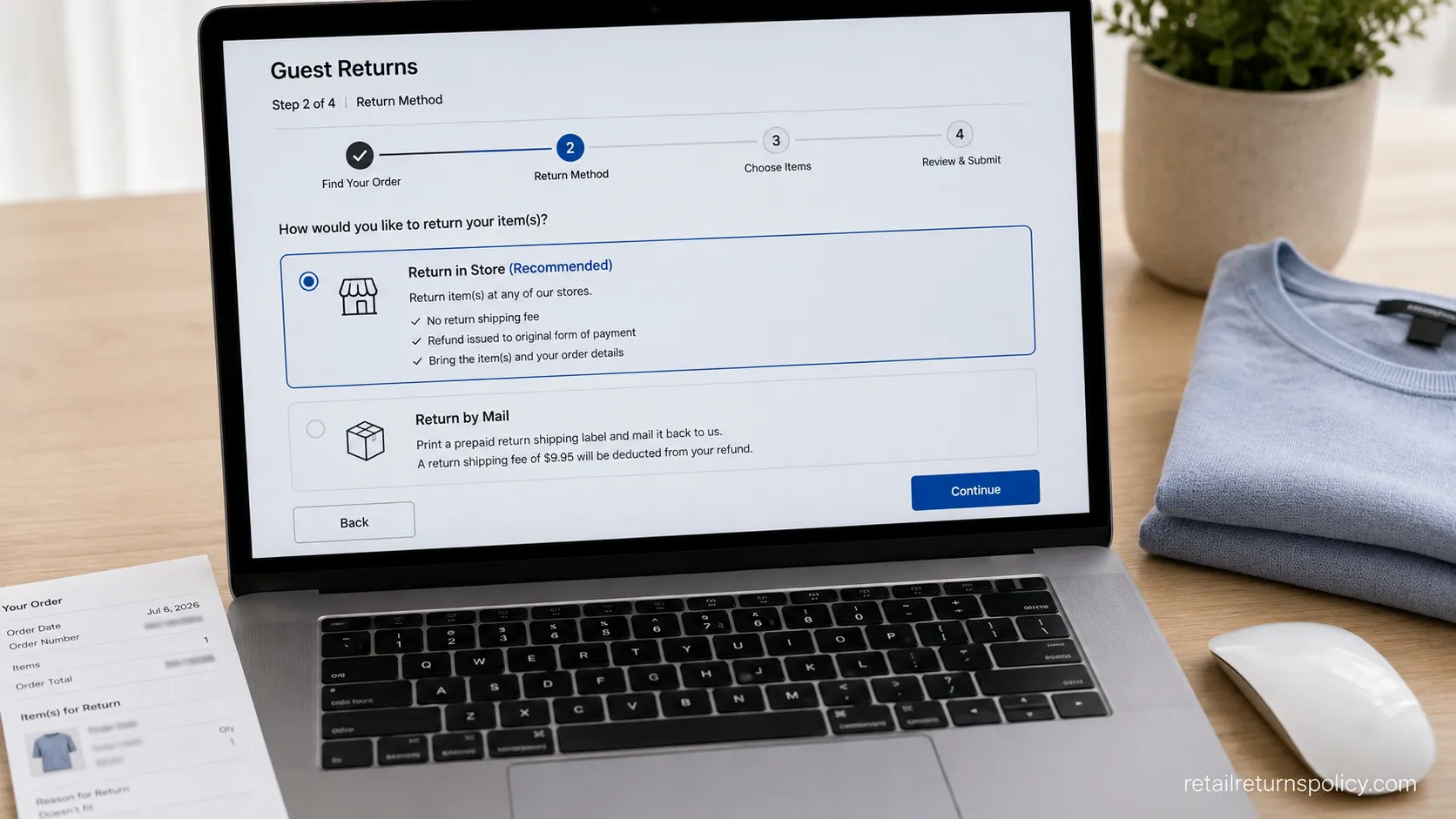NordstromRack.com Guest Returns screen with store drop-off selected to avoid the mail fee.