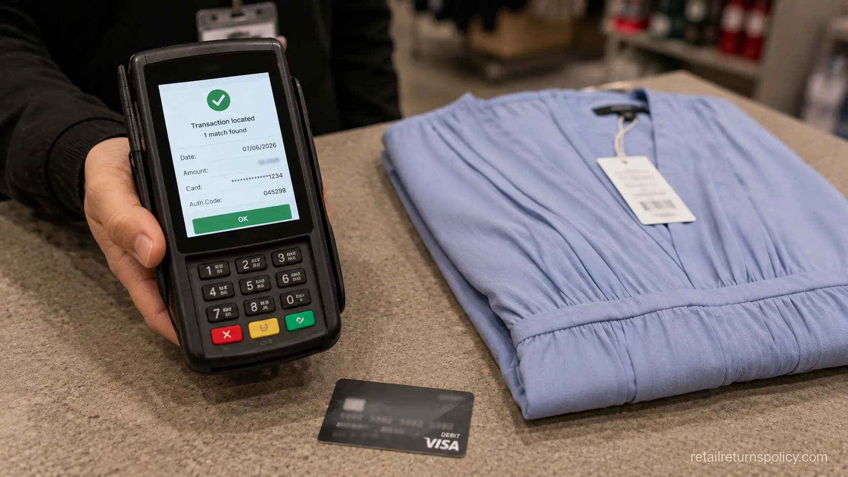 Store terminal locating a transaction during a Nordstrom Rack no-receipt return.
