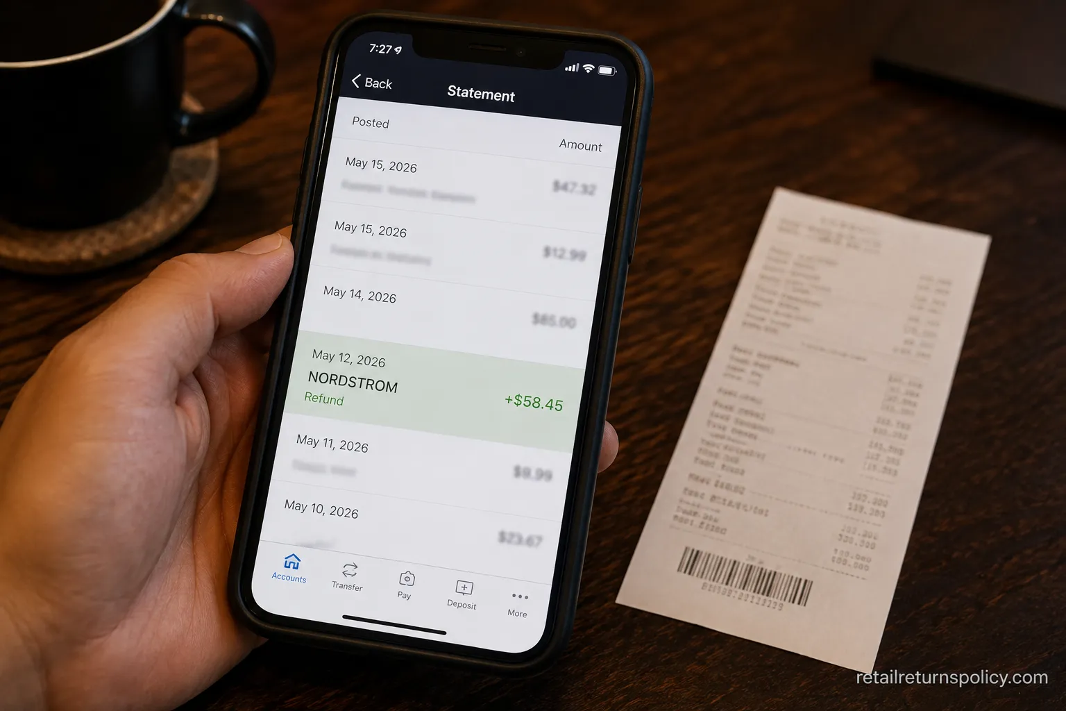 Card statement showing a Nordstrom refund posted four days after the return