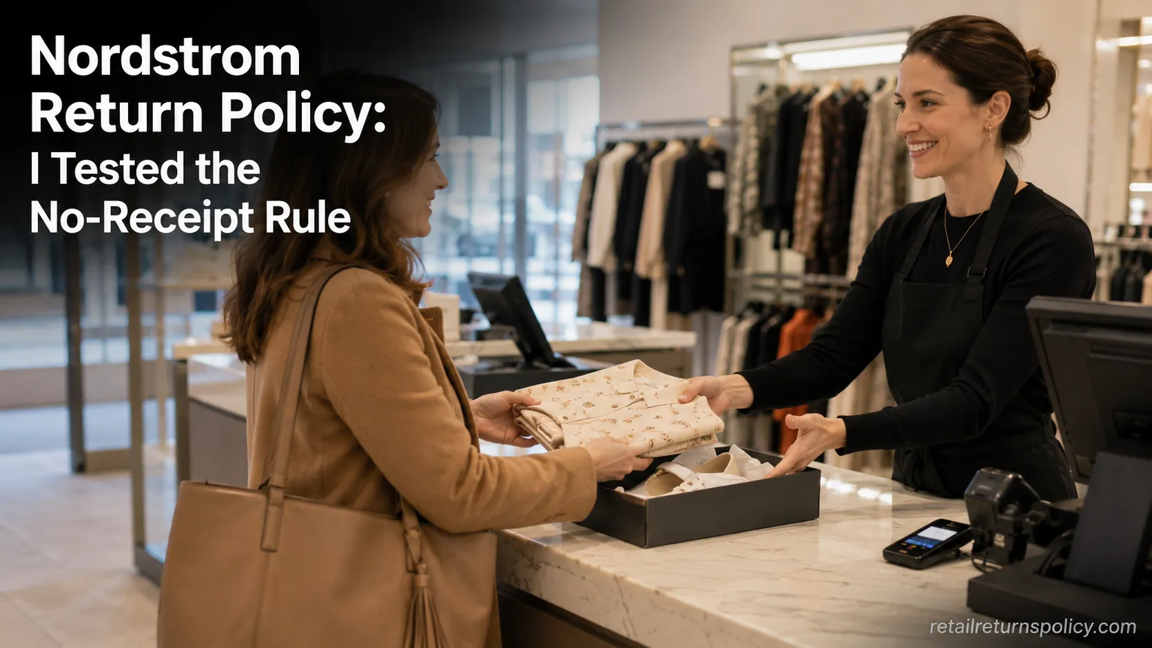 Shopper with a receipt and a dress at a Nordstrom Rack returns counter.