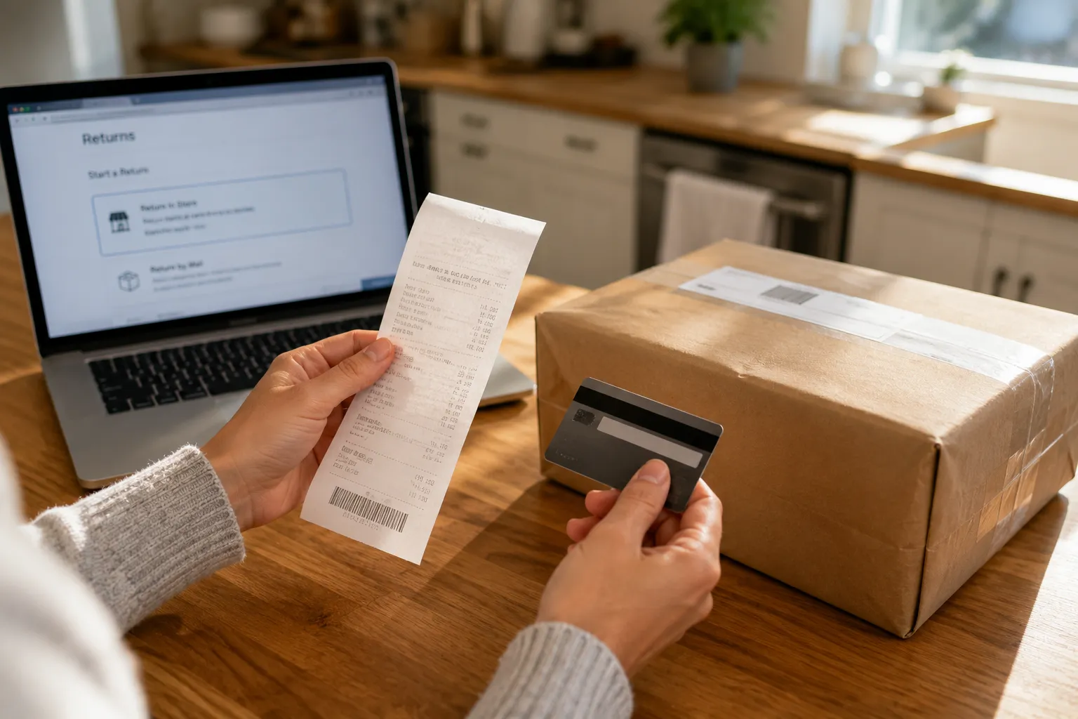 Shopper holding a receipt and card next to a Nordstrom return package