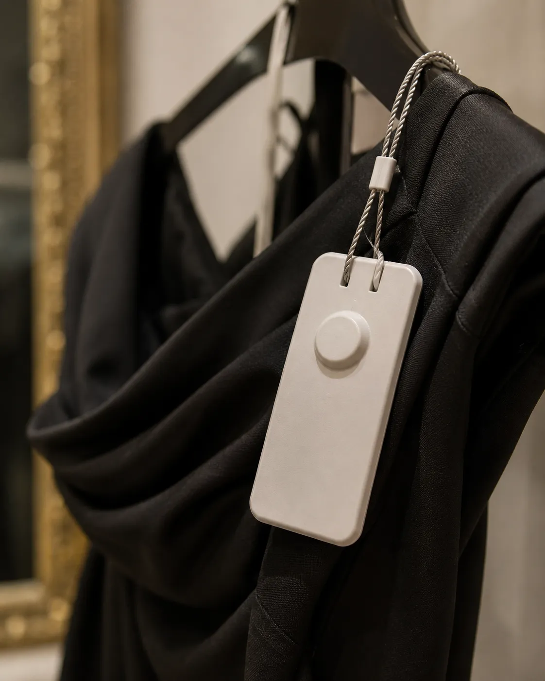 Oversized designer return tag on a dress that voids the return if removed