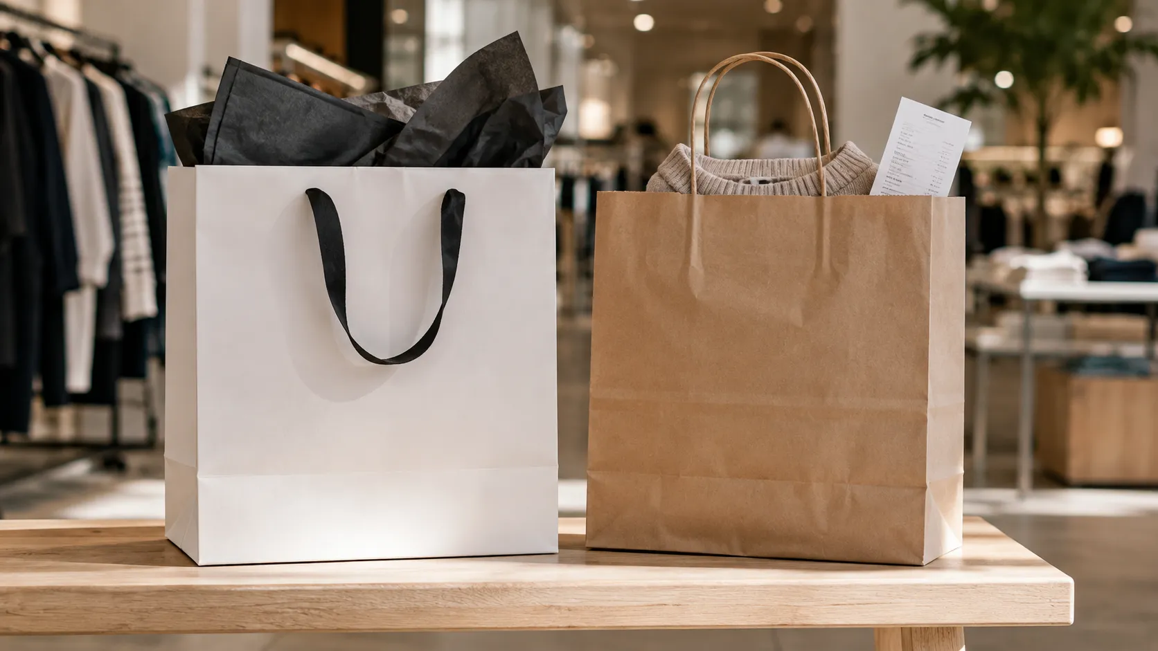 Two shopping bags representing Nordstrom and Nordstrom Rack return policy differences.