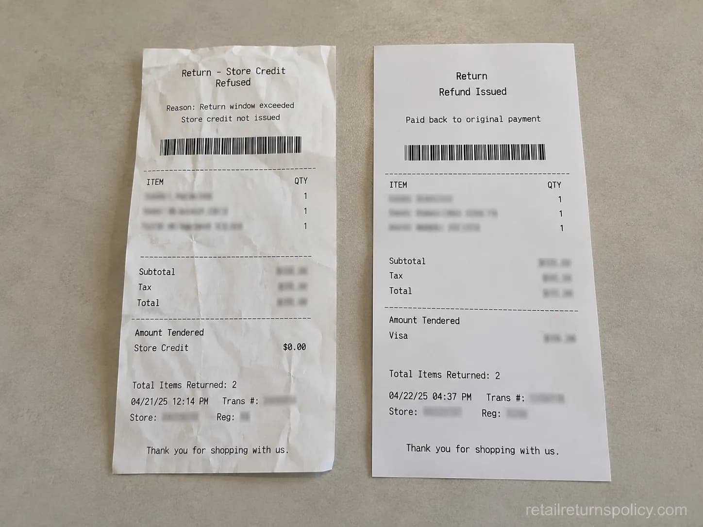 Two Gap-owned store receipts side by side, one showing a refused cross-brand return and one showing an accepted return.