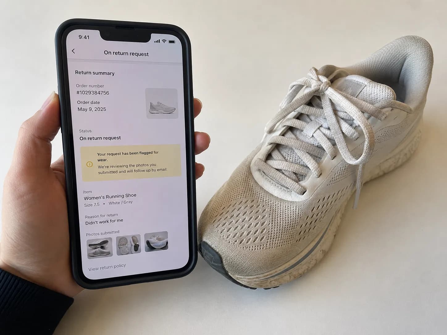 Representative illustration of a smartphone displaying a generic running shoe return request flagged for wear beside a lightly worn white running shoe on a light-colored table