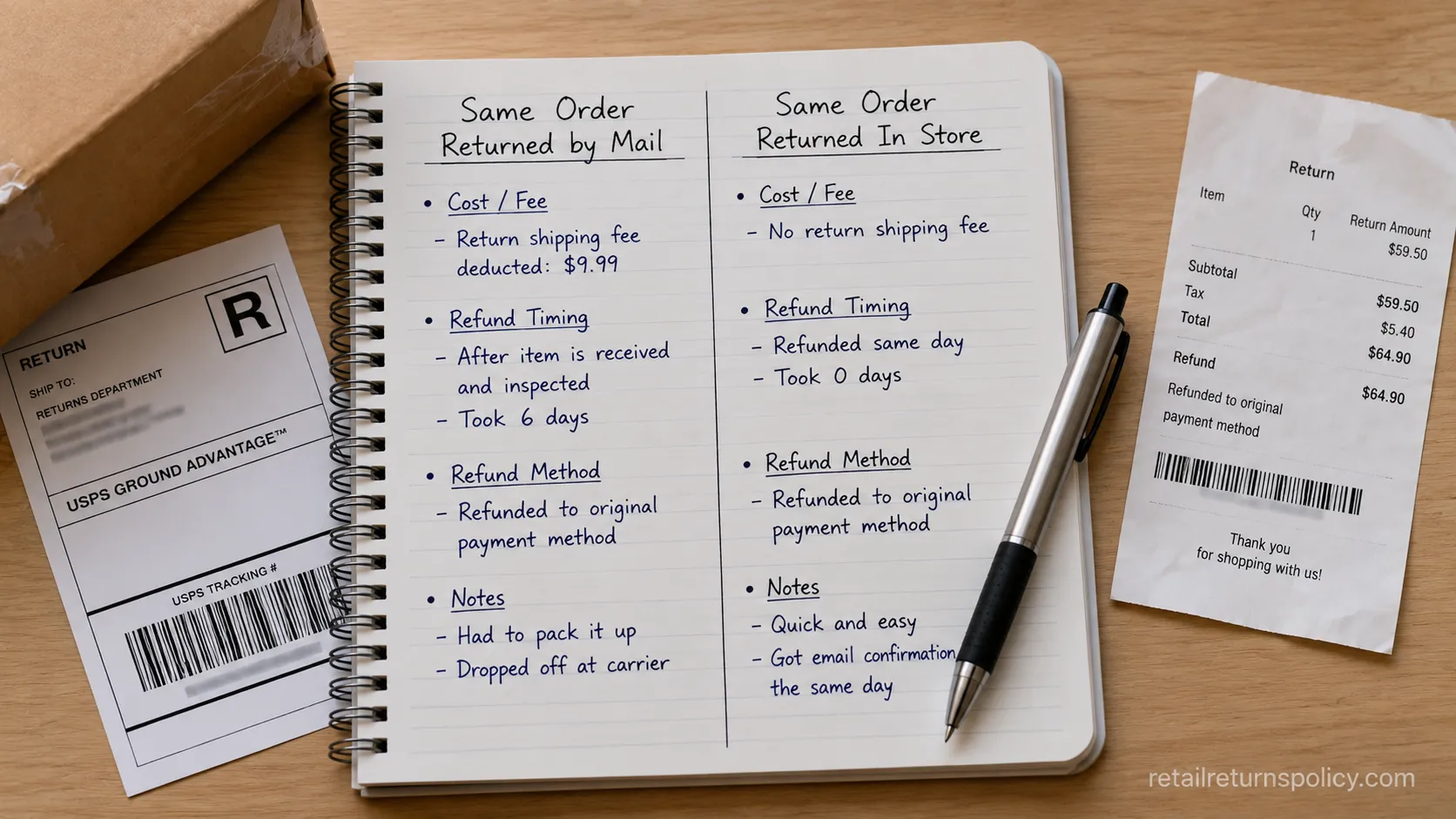 Handwritten comparison of mail versus in-store online return cost and speed.