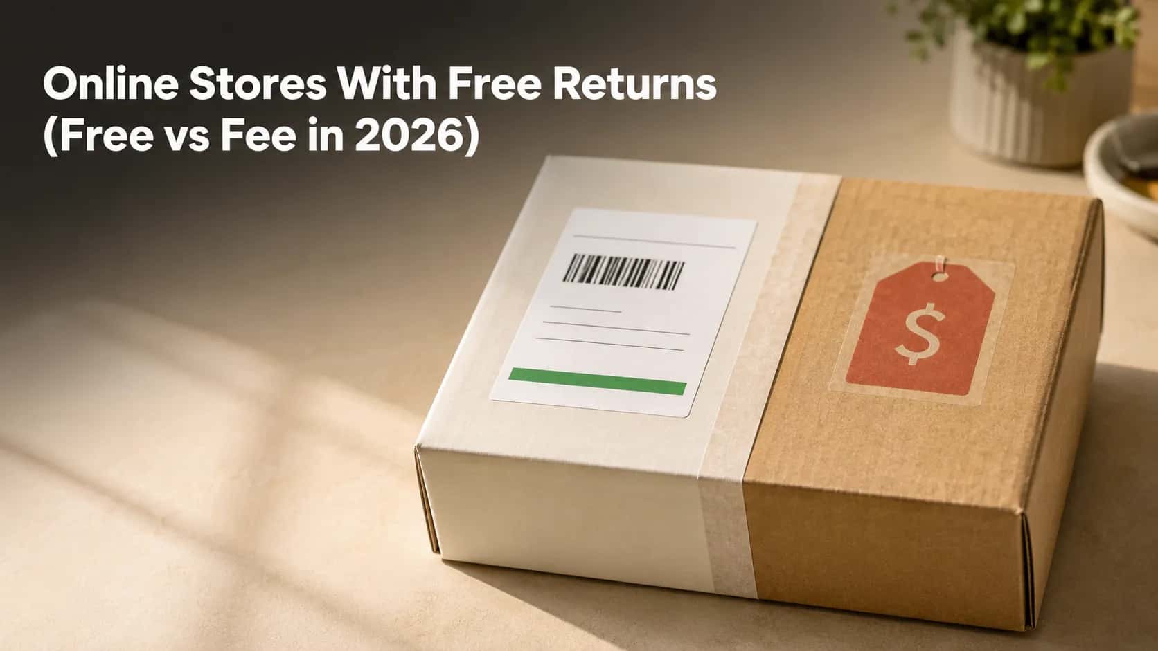 Featured image showing a shipping parcel split into two halves, with a prepaid return label on one side and a fee tag on the other, illustrating the difference between free and paid online returns in