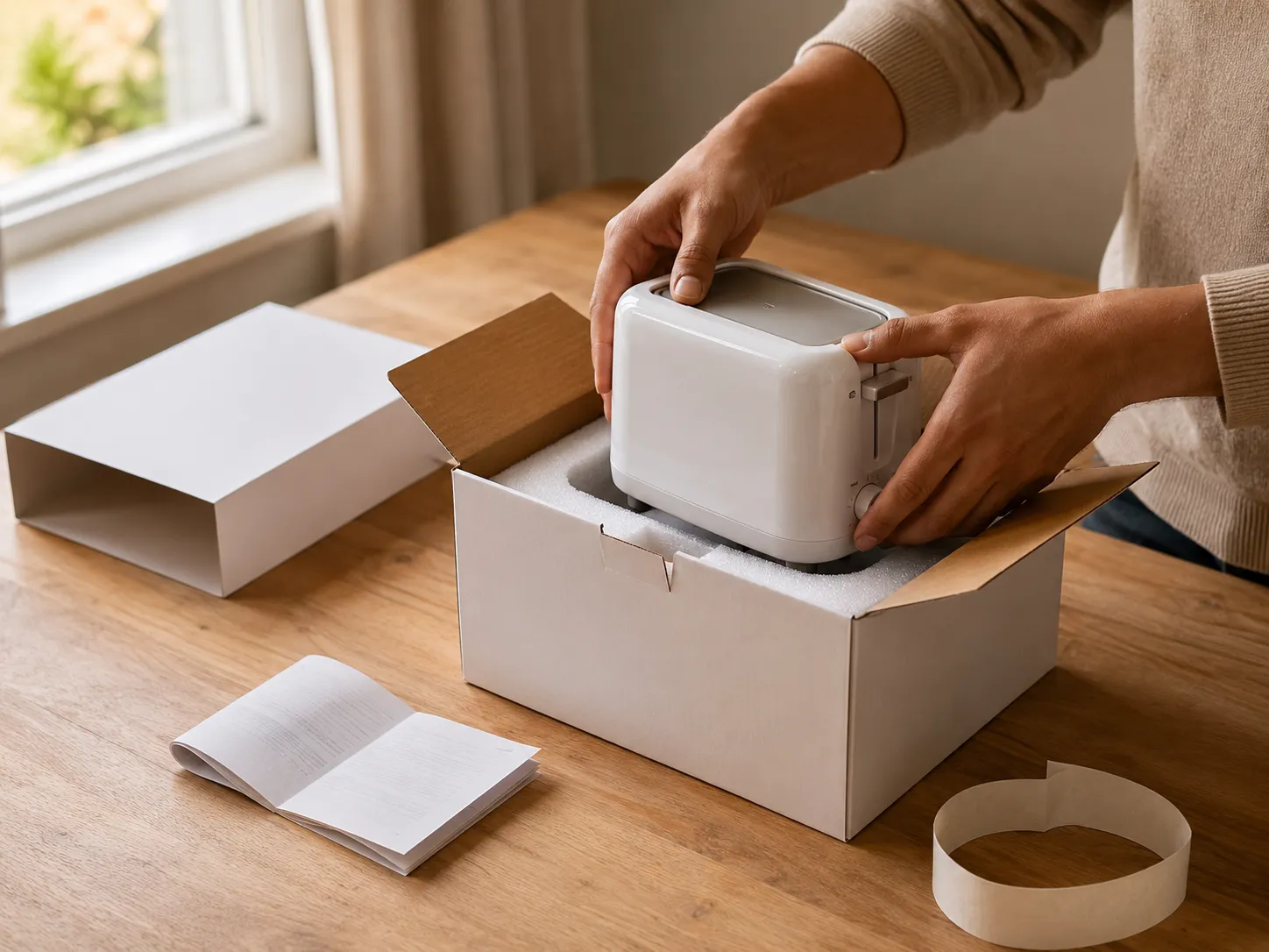 Opened but unused household kitchen gadget being carefully repacked into its original box with foam insert on a wooden table before a return.