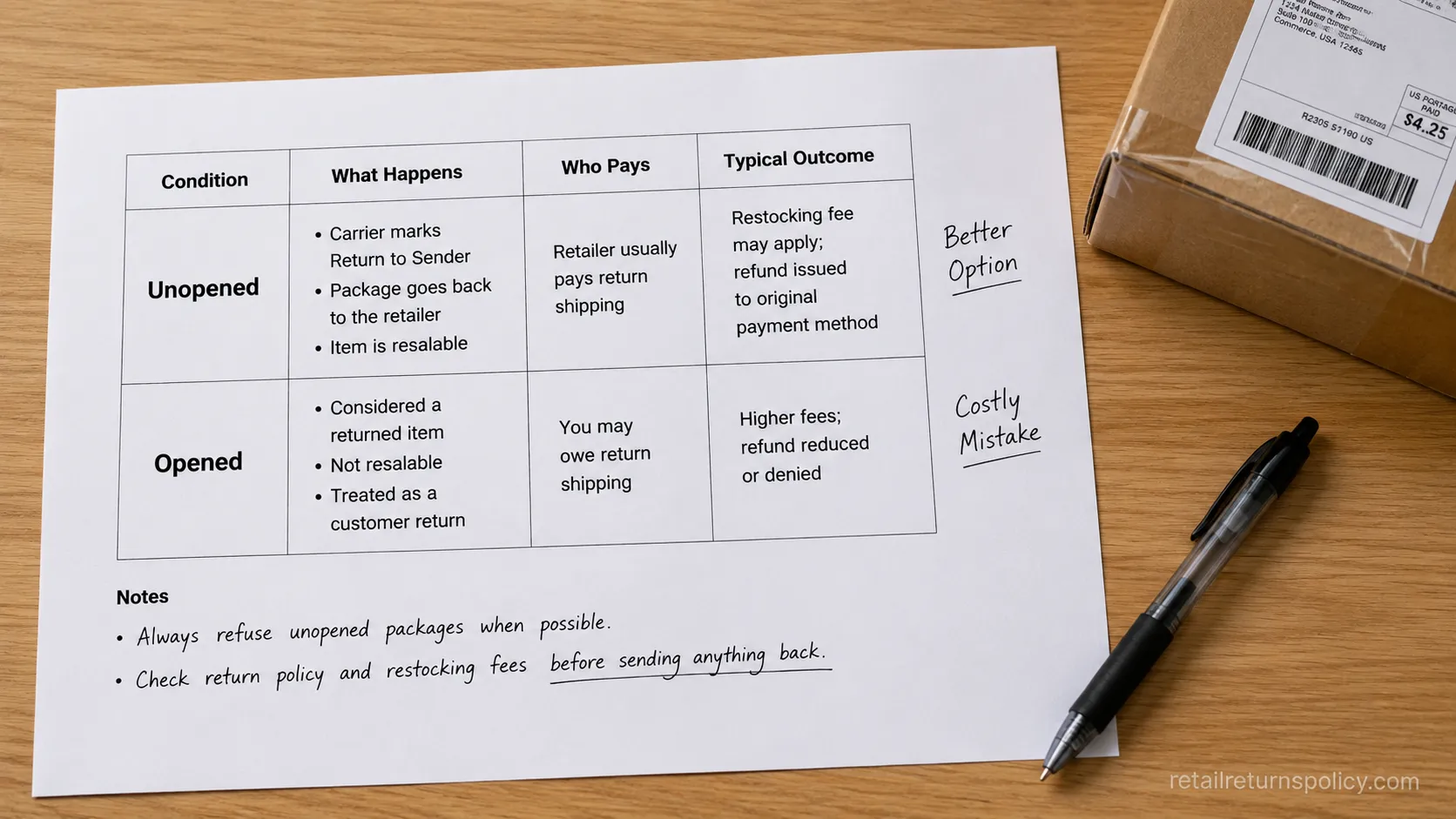 opened vs unopened return to sender cost comparison shown as a printed table