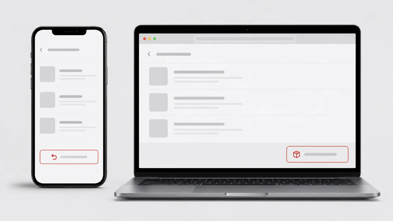 Representative illustration of a smartphone and laptop displaying the same order with different return option menus, highlighting differences between mobile and desktop interfaces.