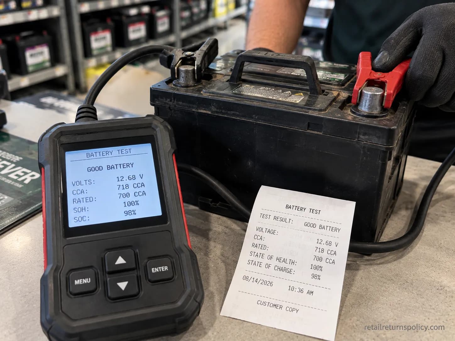 Battery load tester and printed test slip used to qualify an O’Reilly battery for a warranty return.