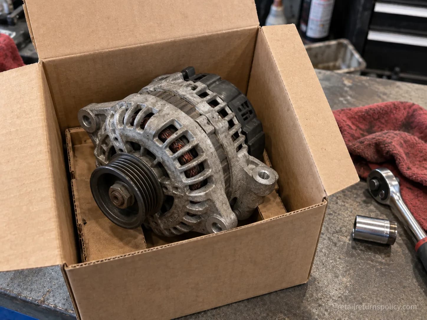 Drained alternator core in its replacement box, ready for an O’Reilly core-charge refund.