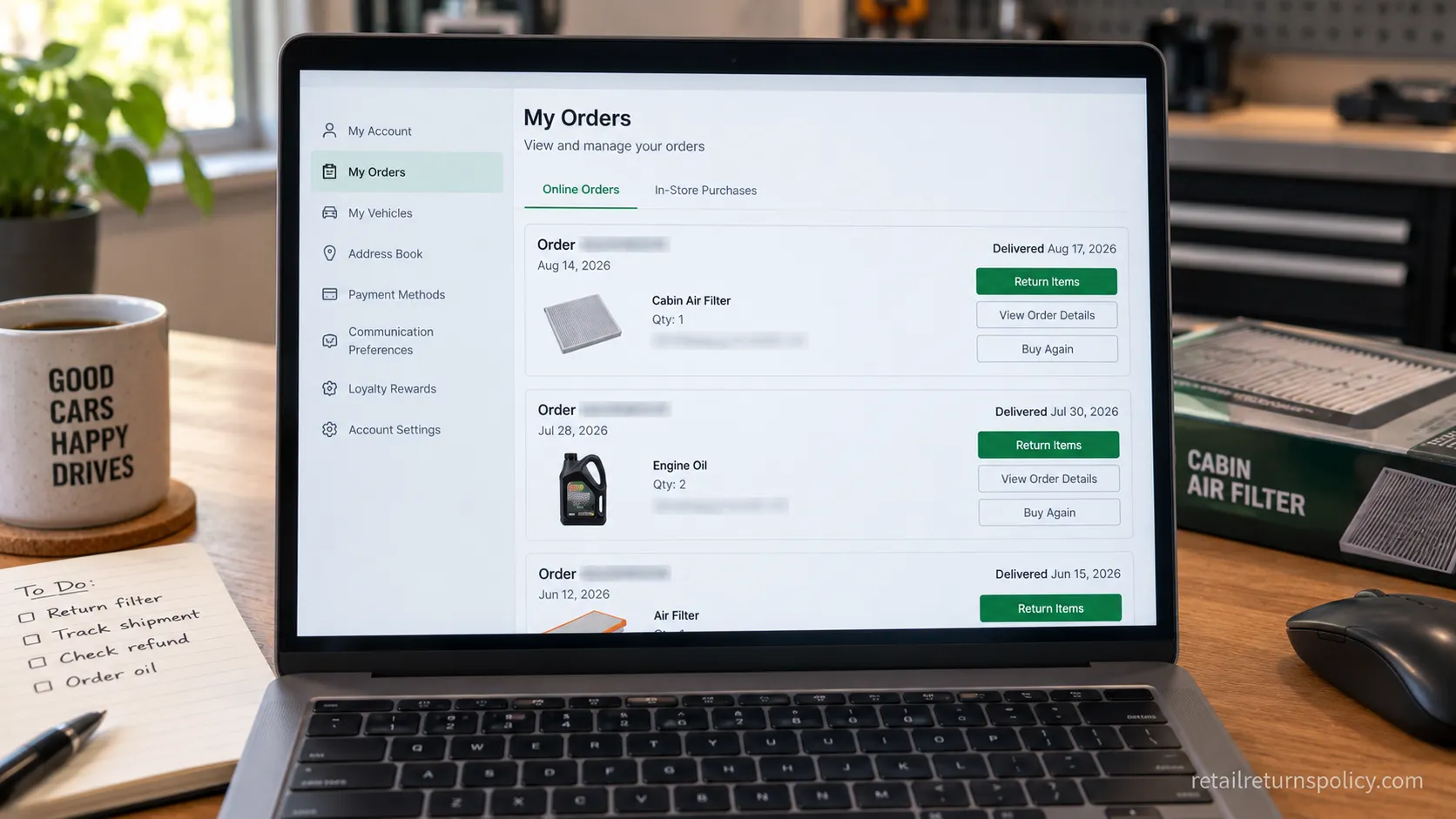 O’Reilly online account showing the Return Items option to start a mail return with an RMA.