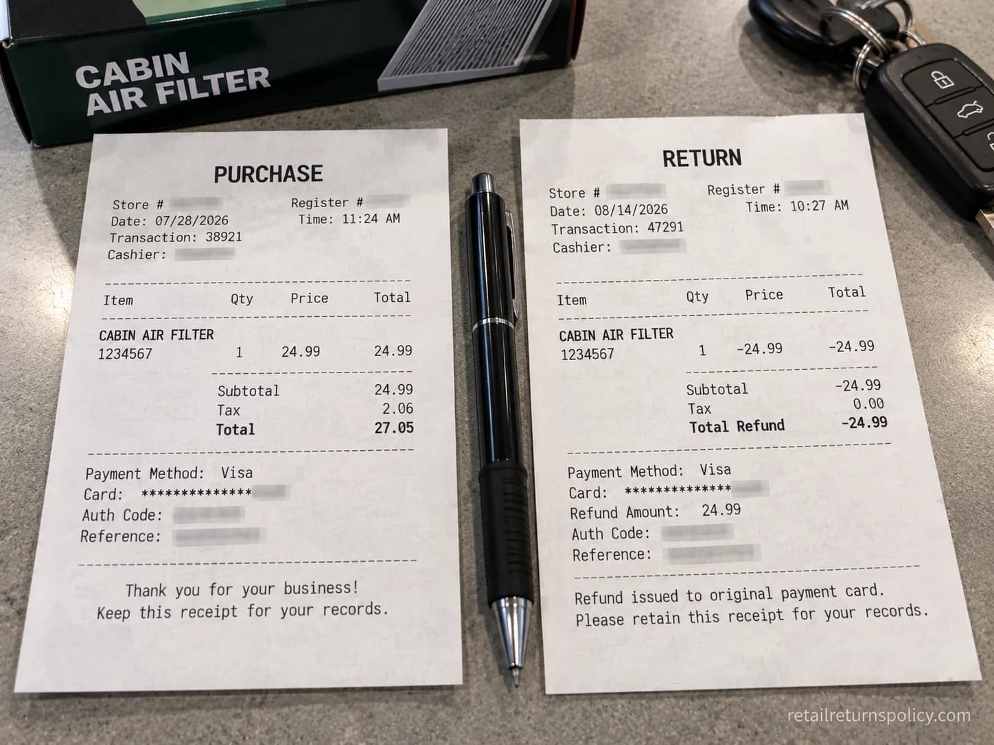 Purchase receipt and refund receipt side by side showing a full O’Reilly refund with no restocking fee.