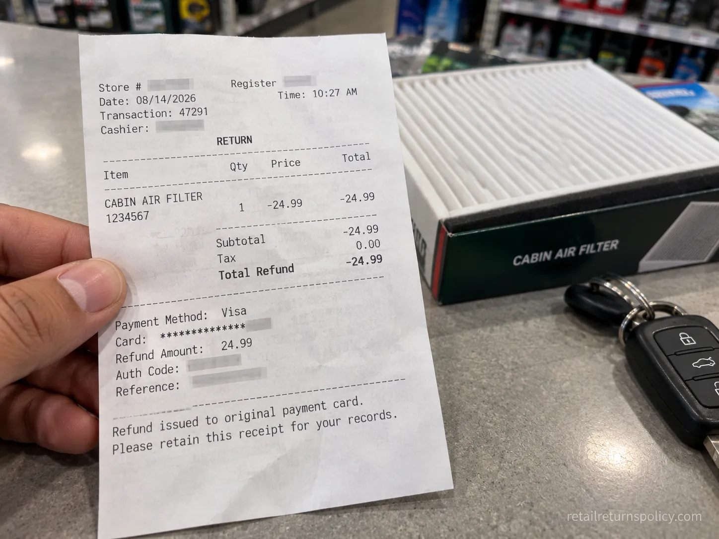 O’Reilly Auto Parts return receipt showing a refund posted to the original payment card.