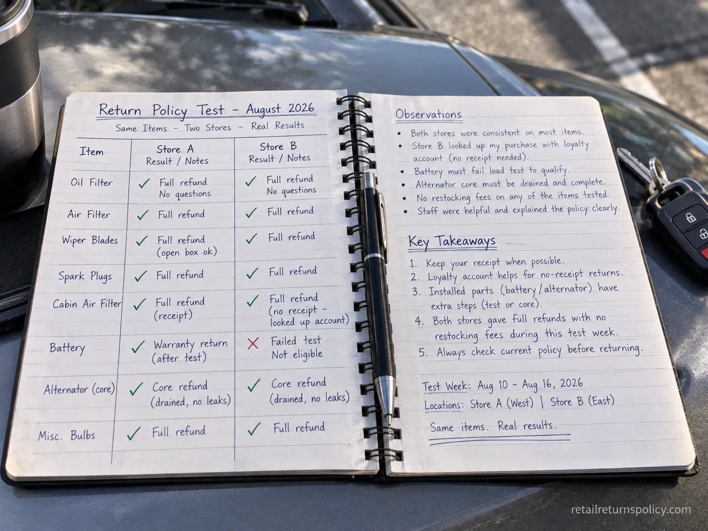 Handwritten two-store comparison log tracking O’Reilly return outcomes on the same items.