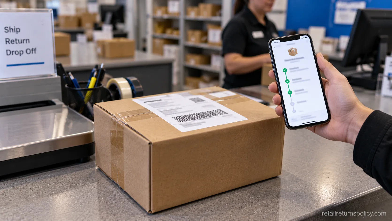 A labeled return box on a shipping counter with a phone showing tracking.