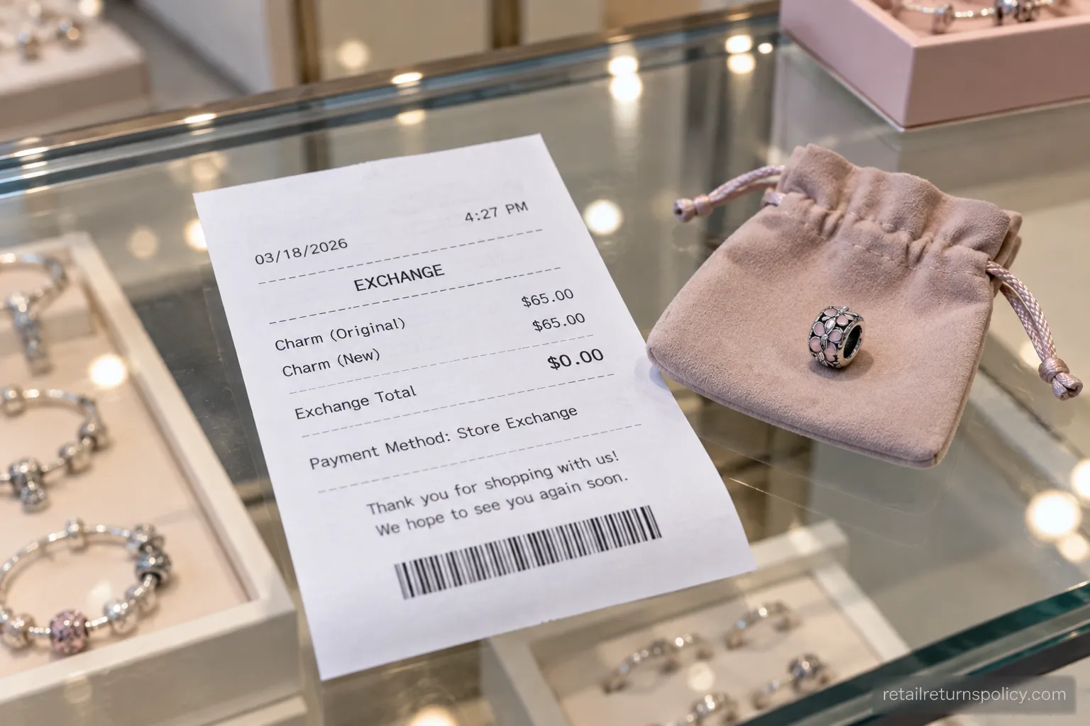 A dated specialty-store exchange receipt on a jewelry counter beside a swapped charm