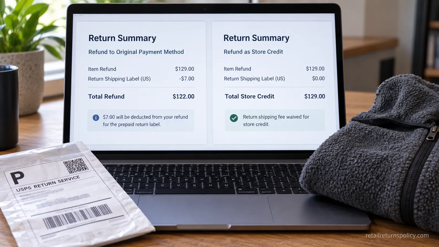 Two Patagonia refund summaries comparing the $7 label fee against a waived fee for store credit.
