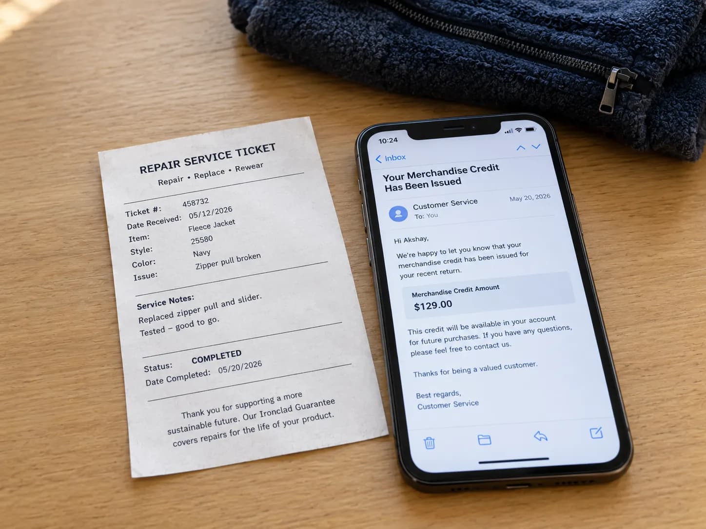 Patagonia repair ticket and a merchandise-credit email showing defect repair versus a no-receipt return.