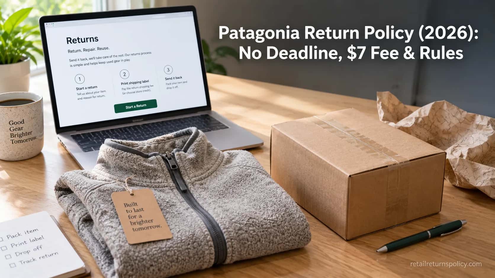 Folded Patagonia fleece and a shipping box beside a laptop showing a returns page.