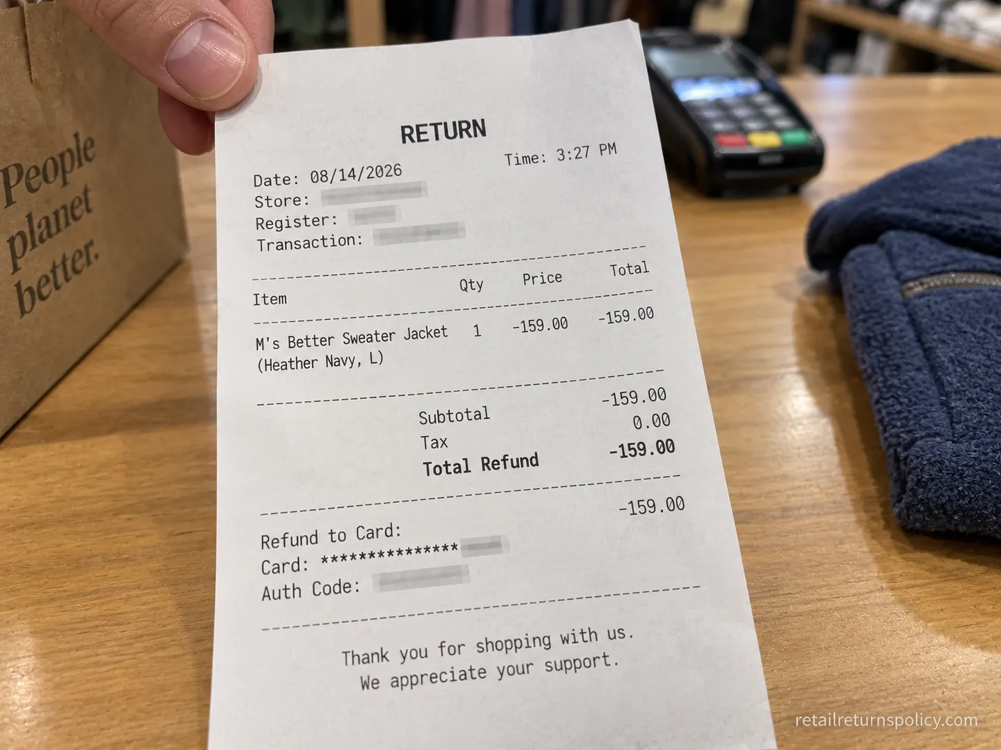 Dated Patagonia return receipt showing an accepted refund to the original card.