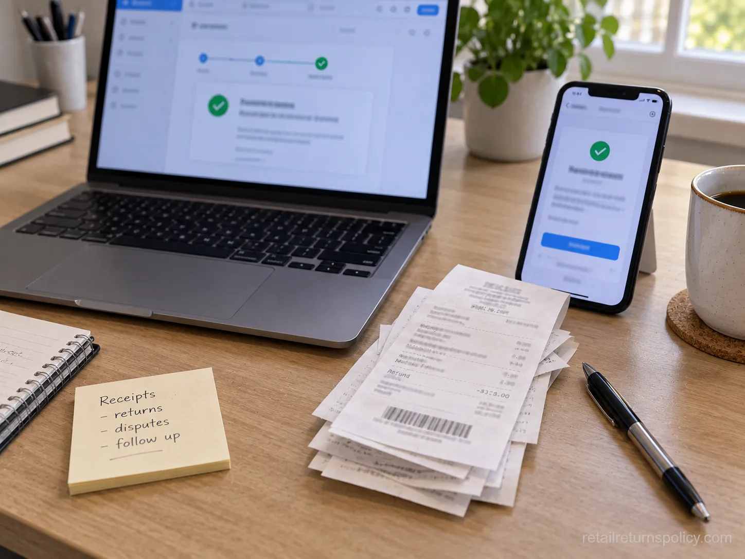 Laptop and phone showing a payment dispute beside a stack of receipts.