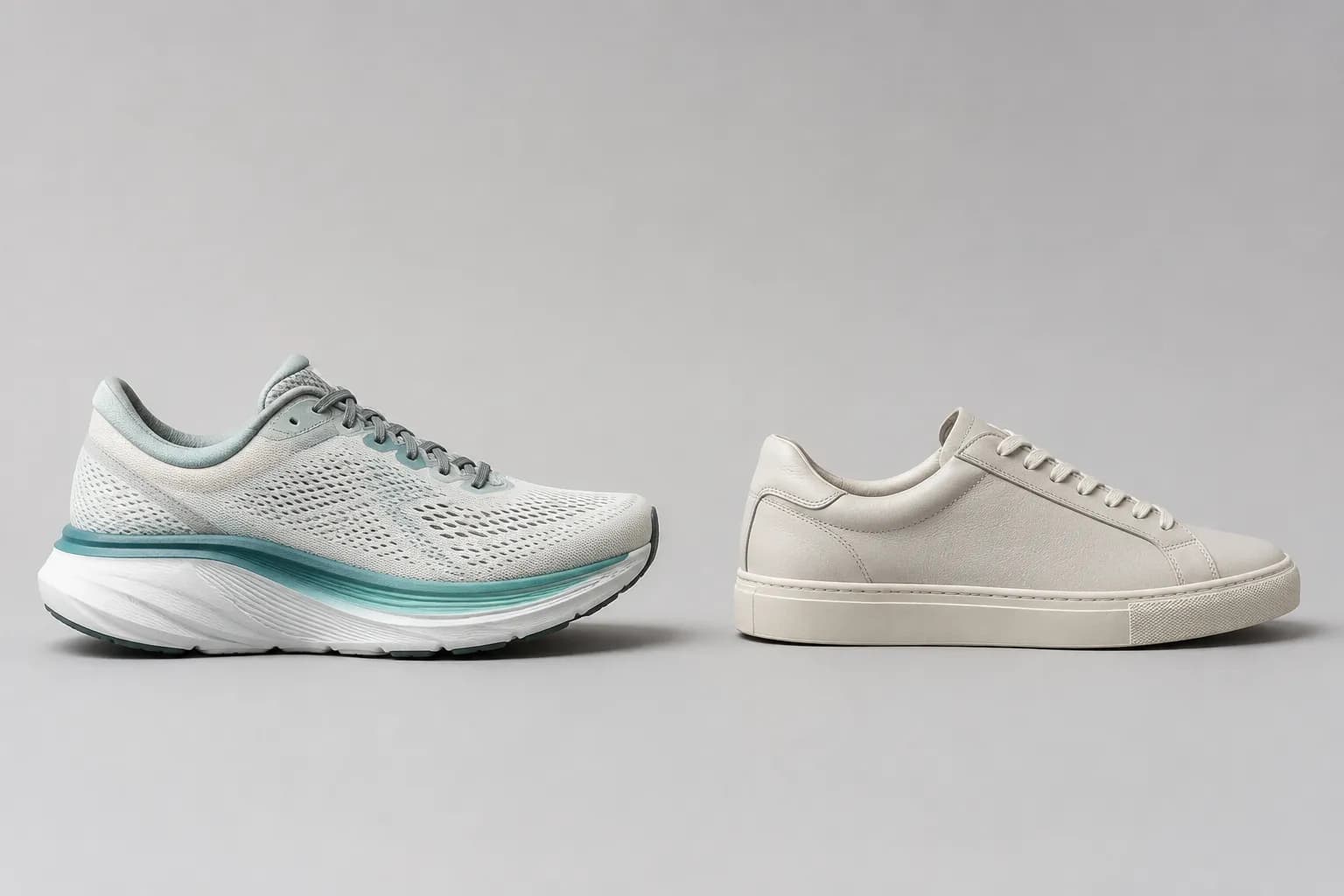 Side-by-side comparison of a cushioned performance running shoe and a flat lifestyle sneaker on a light gray background, illustrating the difference between technical running footwear and casual shoes