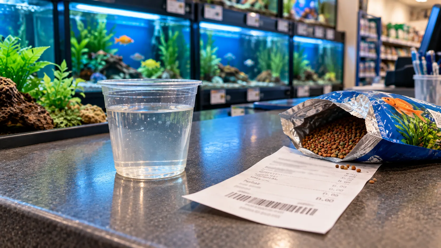 Water sample cup and an opened pet food bag with a receipt brought for a PetSmart return.