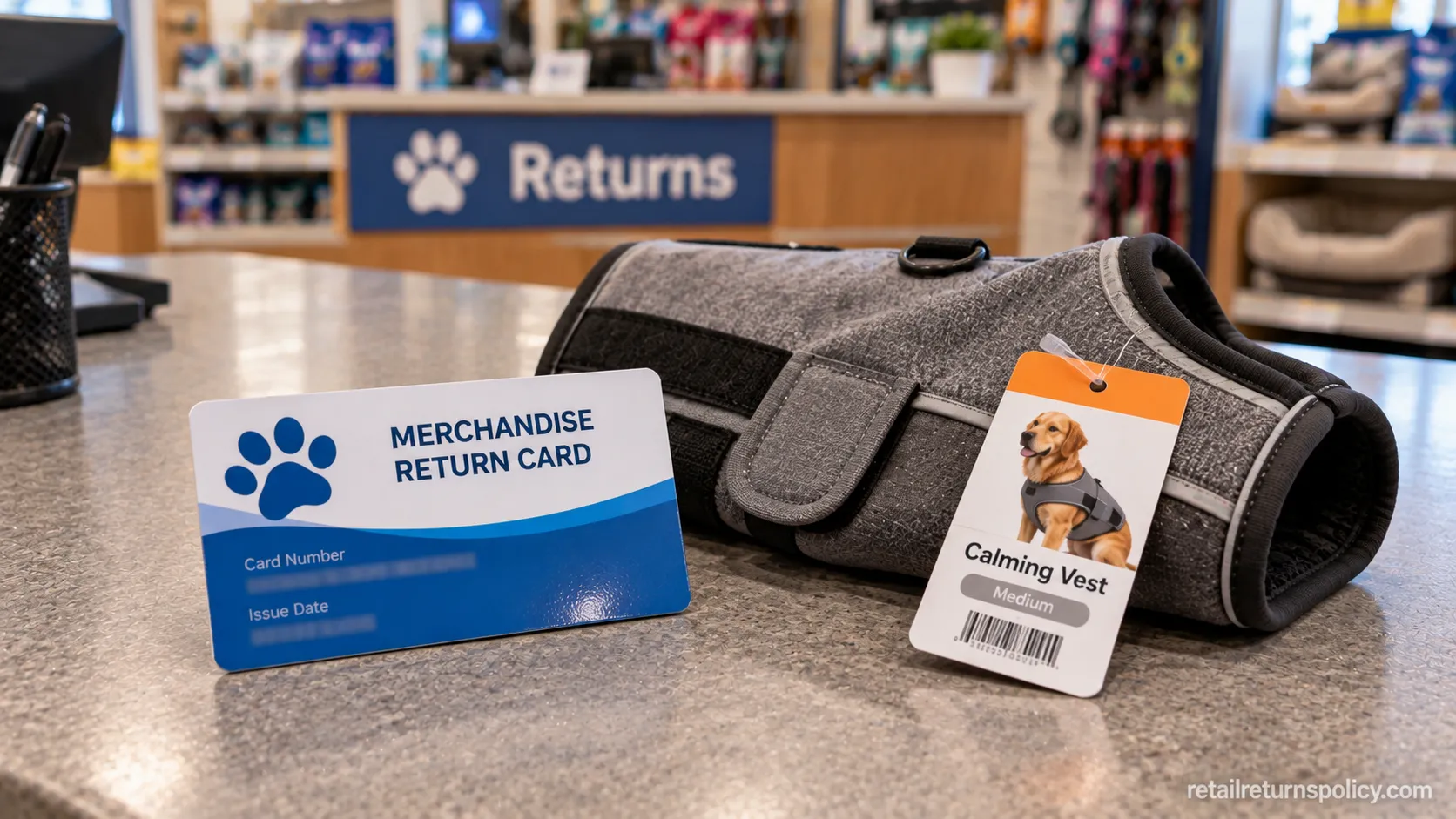 PetSmart no-receipt merchandise return card beside a receipt-required calming vest that was refused.
