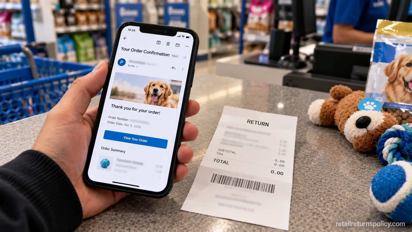 Returning a PetSmart online order in store using the order-confirmation email on a phone.