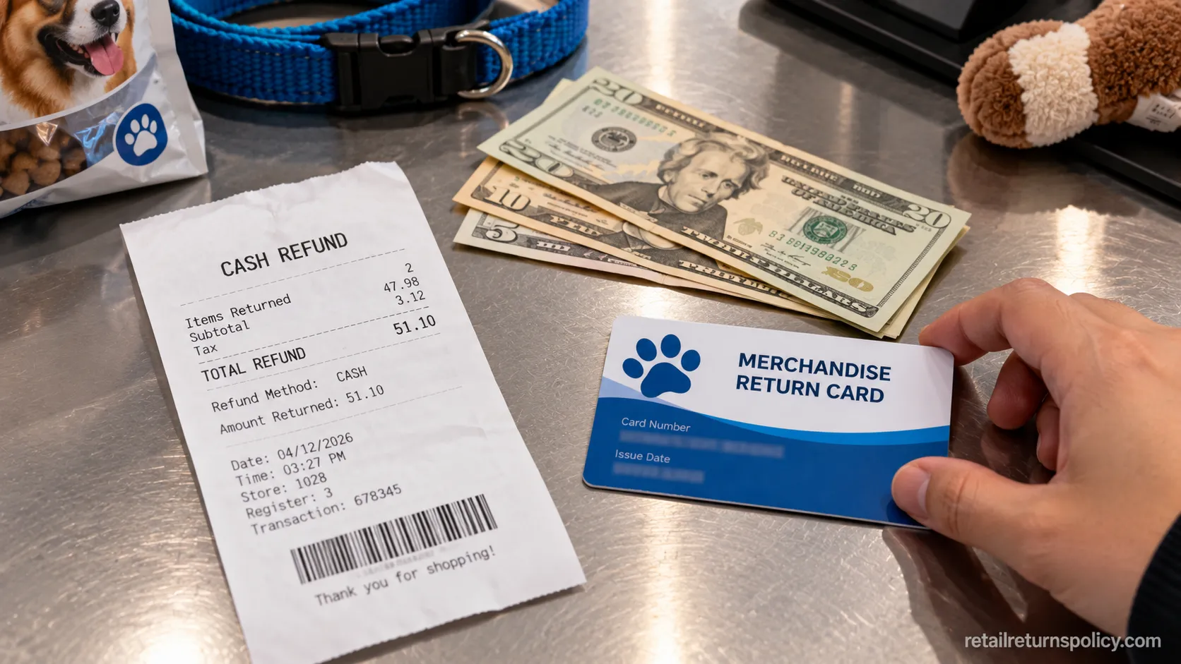 PetSmart cash refund receipt and merchandise return card from returns paid by different methods.