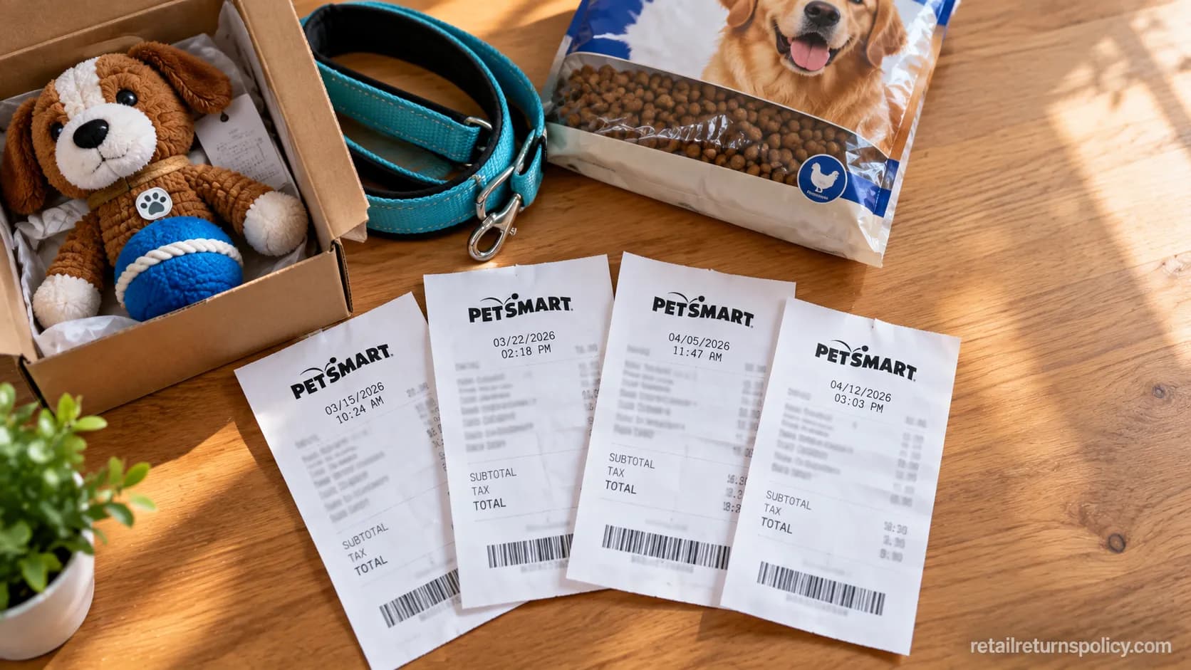 Four dated PetSmart receipts fanned out beside returned pet items from a multi-store return test