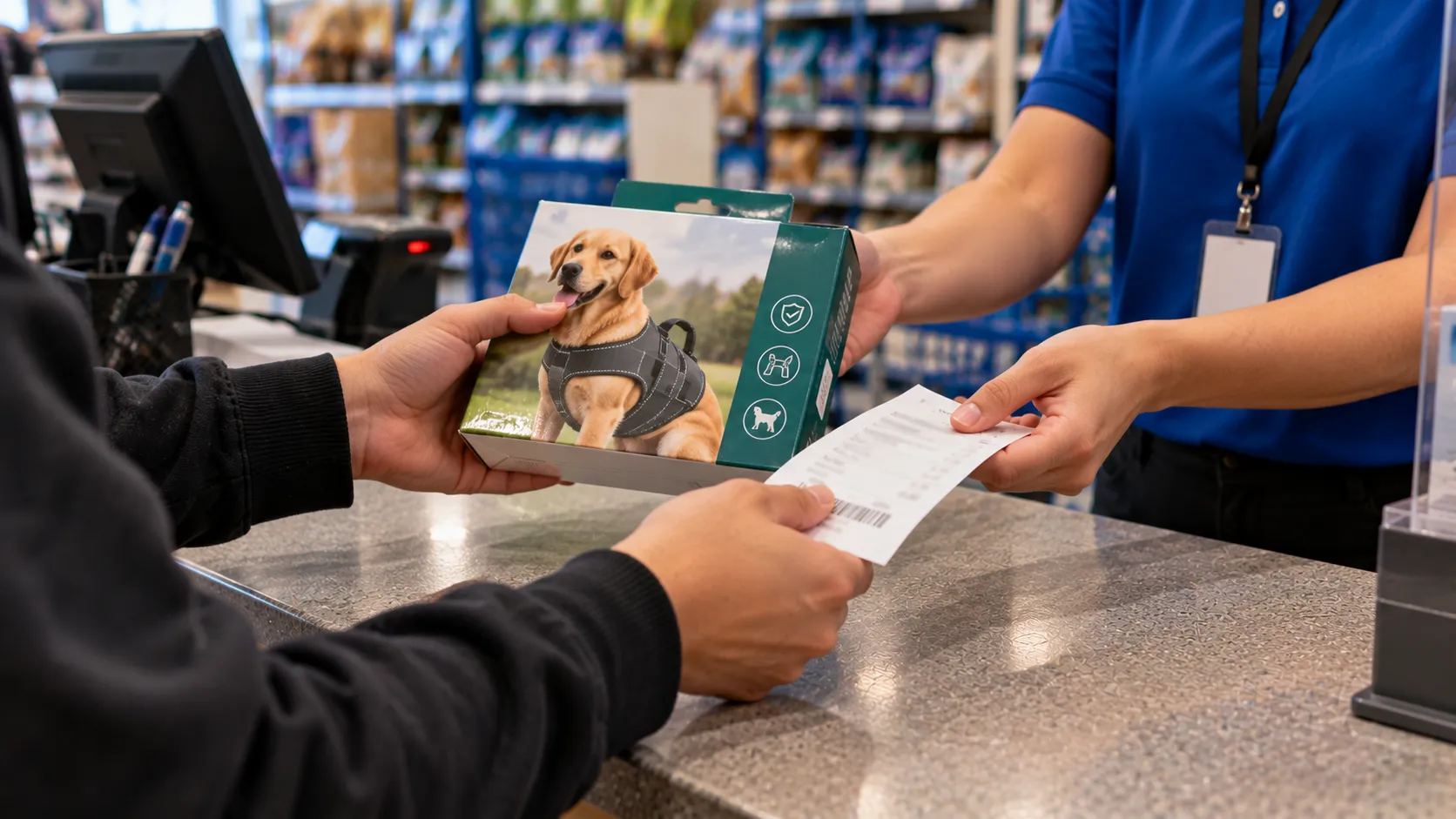 Returning a boxed item at a PetSmart customer service desk step by step.