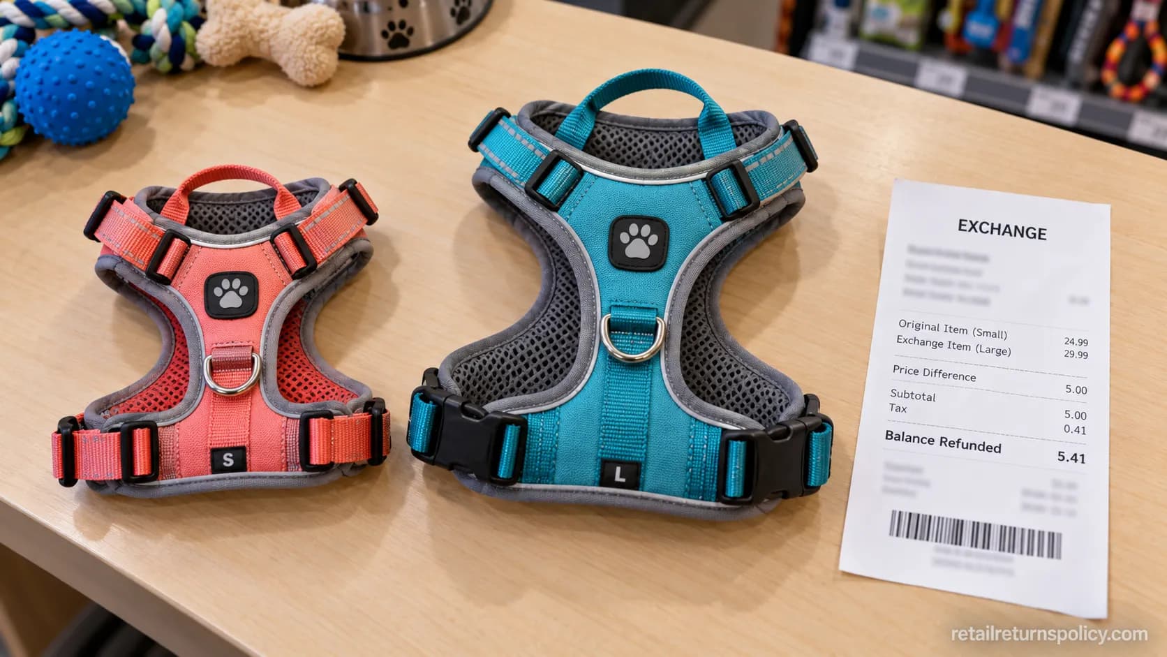 In-store PetSmart size exchange with the price balance refunded to the original card.