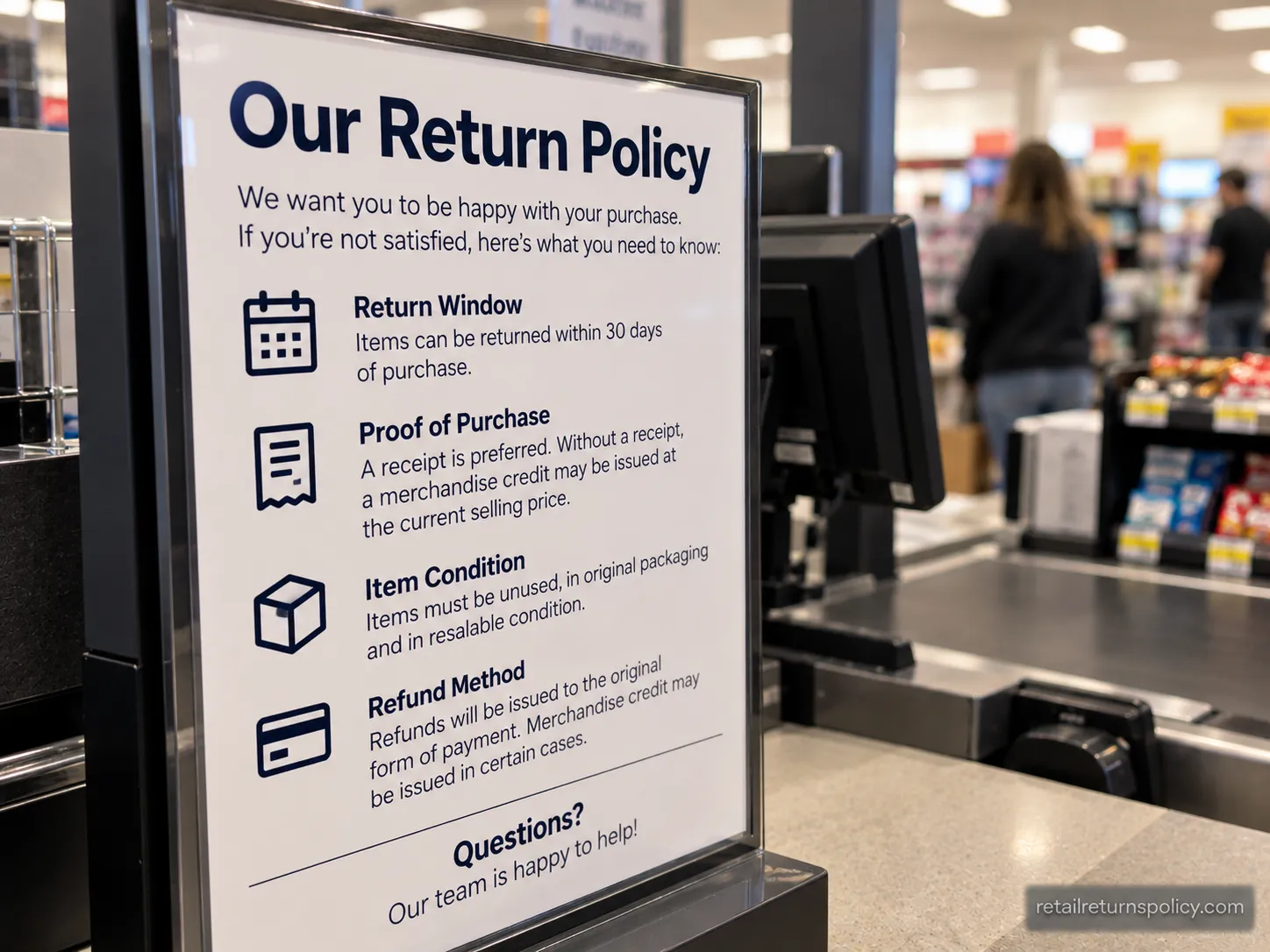 in-store posted return policy sign explaining refund rules near a checkout.