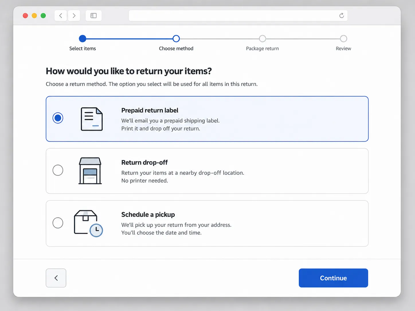 Flat UI illustration of a desktop online return screen showing the prepaid return label option selected for a seller-fulfilled return, with a progress bar, shipping label icon, and Continue button.