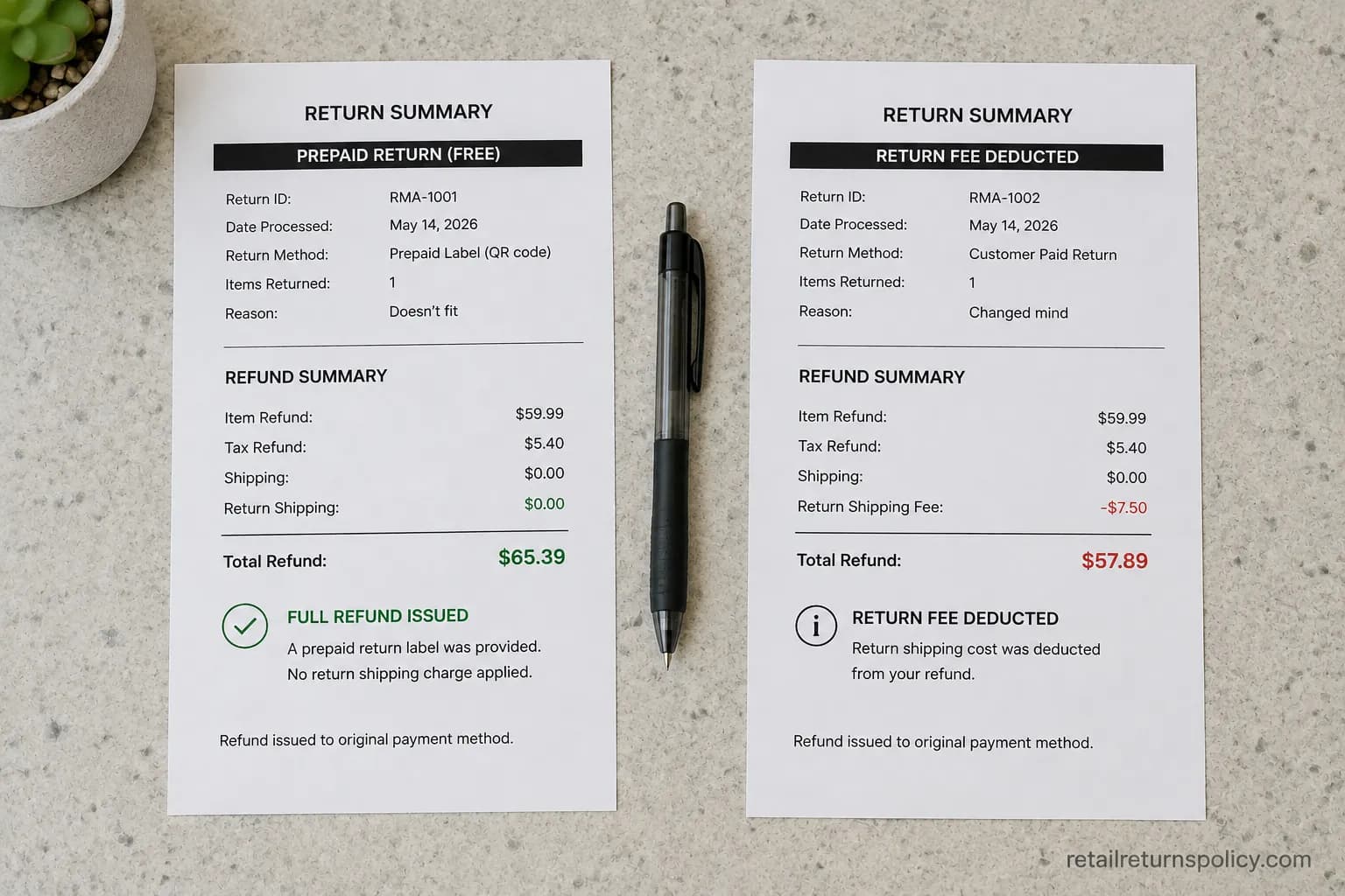 Two return receipts comparing a free prepaid return and a fee deducted from a refund.