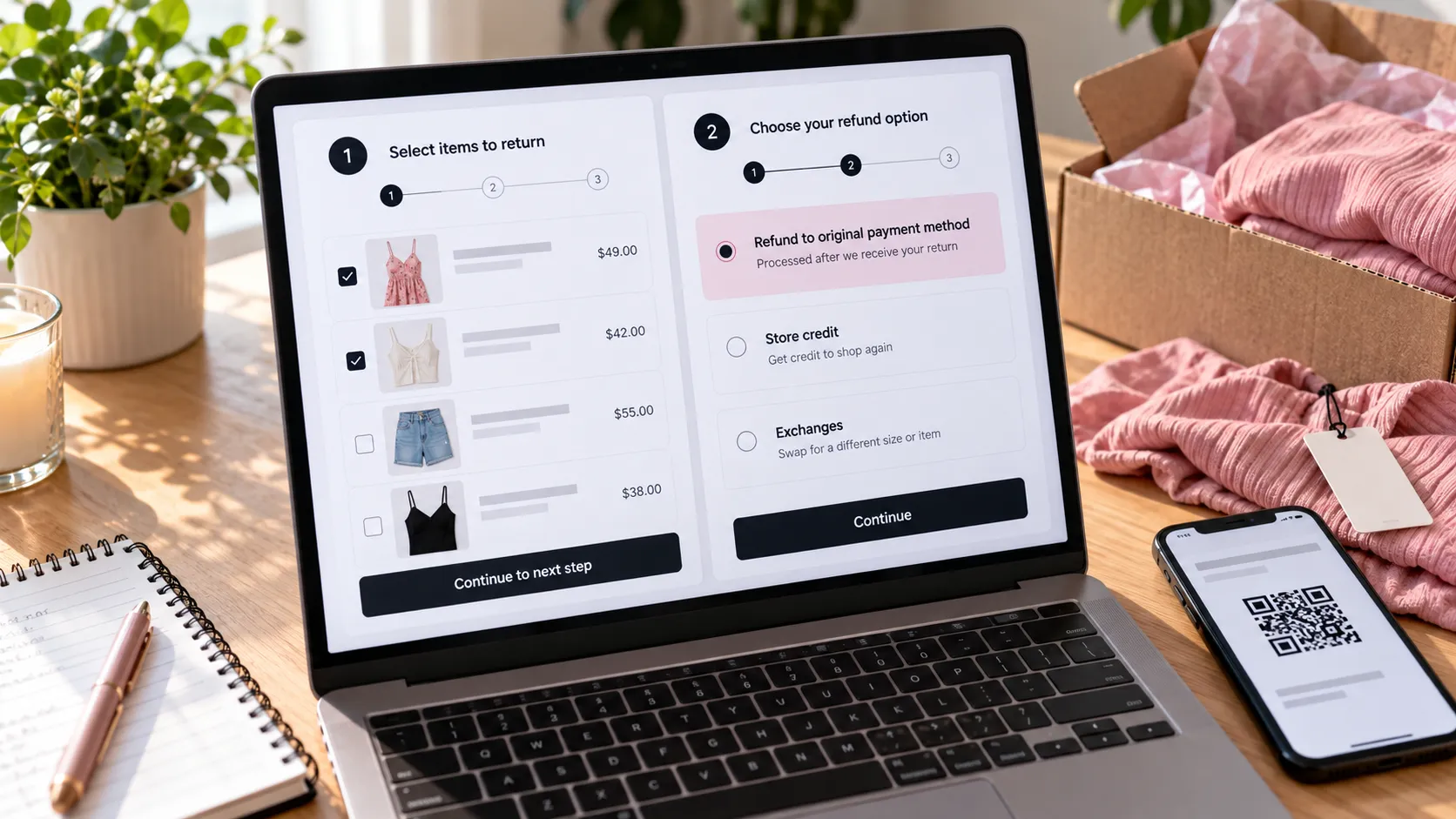 Princess Polly returns portal steps for selecting items and choosing a refund type.