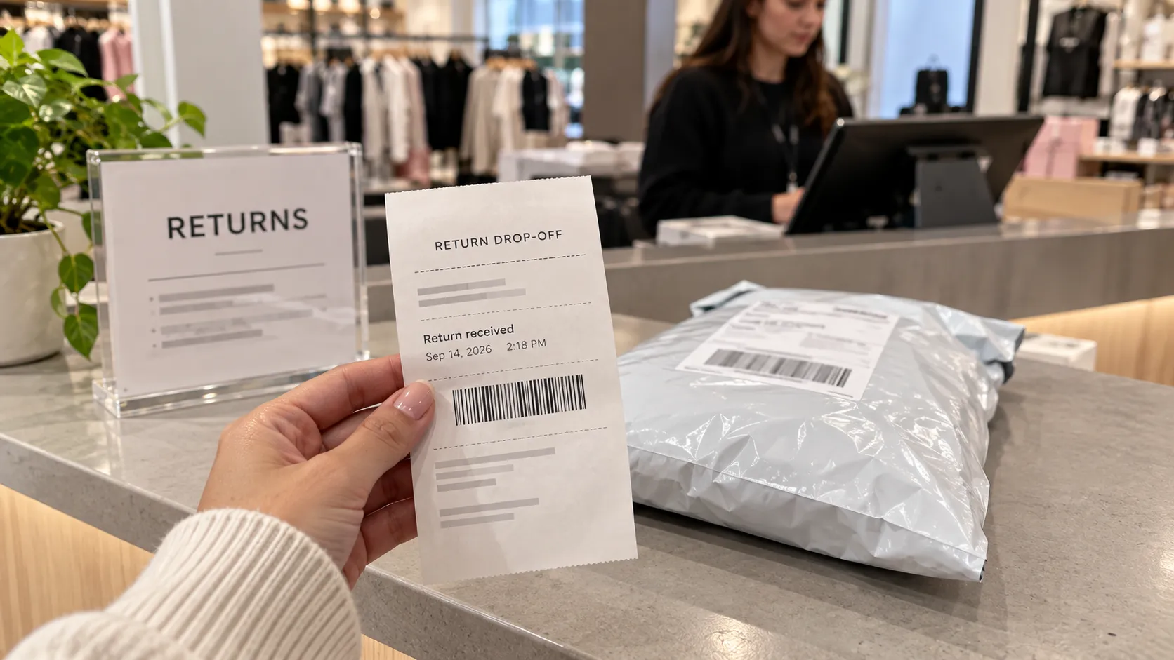 In-store Return Bar drop-off for a Princess Polly return with a scan receipt.