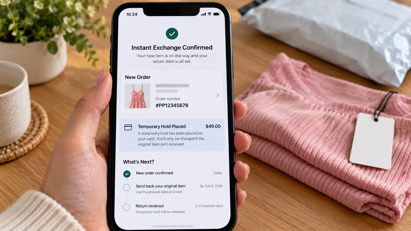 Instant Exchange confirmation showing a temporary card hold and new order number.