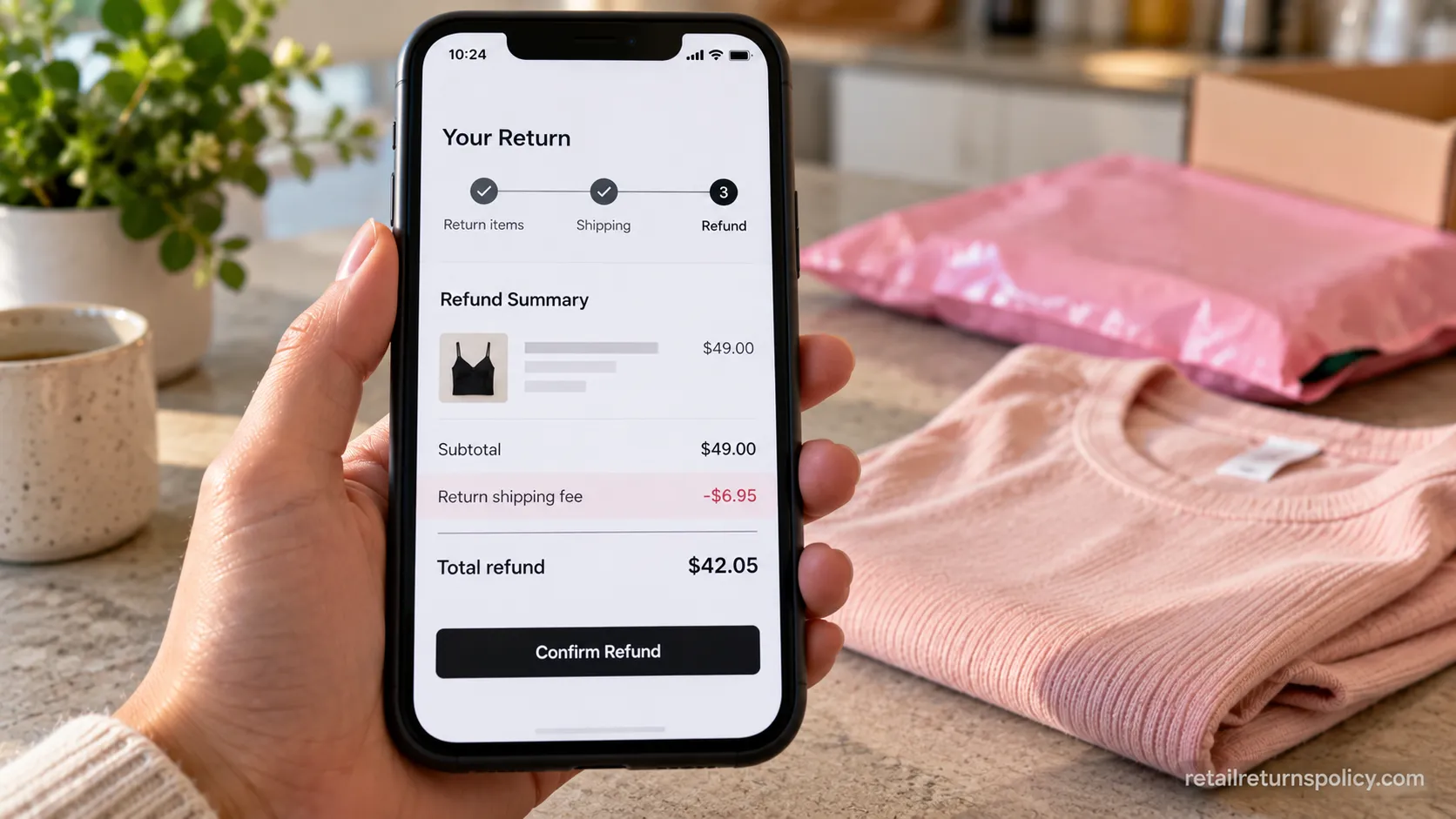 Returns portal showing the $6.95 Princess Polly return shipping fee deducted from a refund.