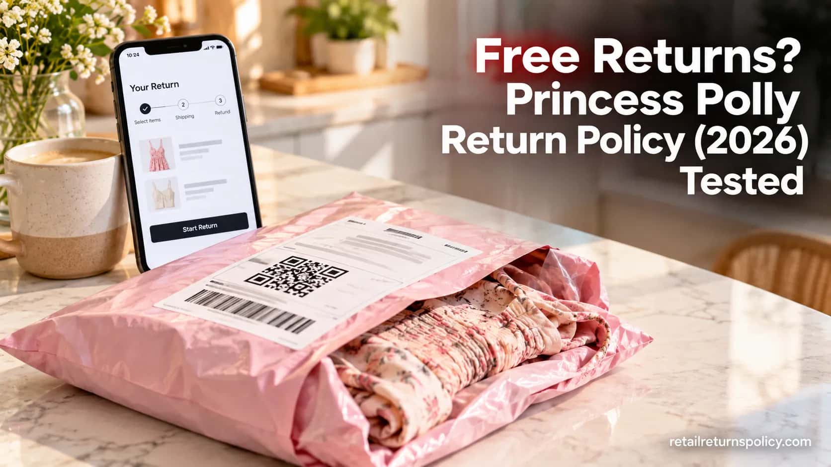 Princess Polly return parcel with USPS QR label and returns portal on a phone.