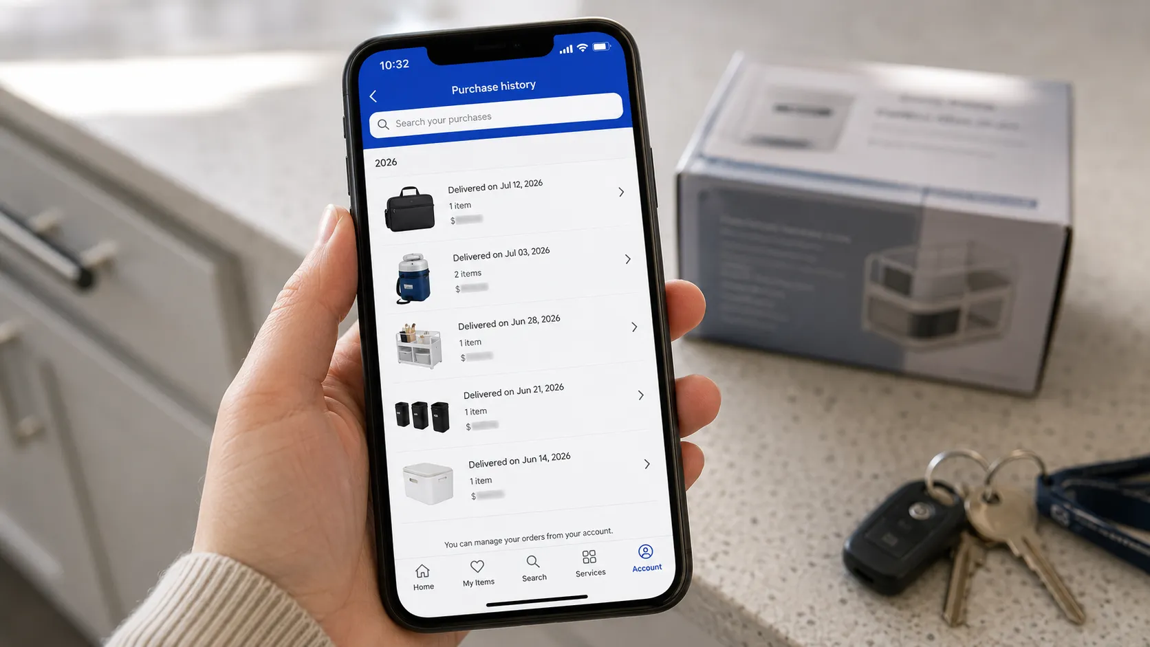 Representative illustration of a smartphone displaying a purchase history used for a receipted return, with account details redacted and a returned boxed item blurred in the background.