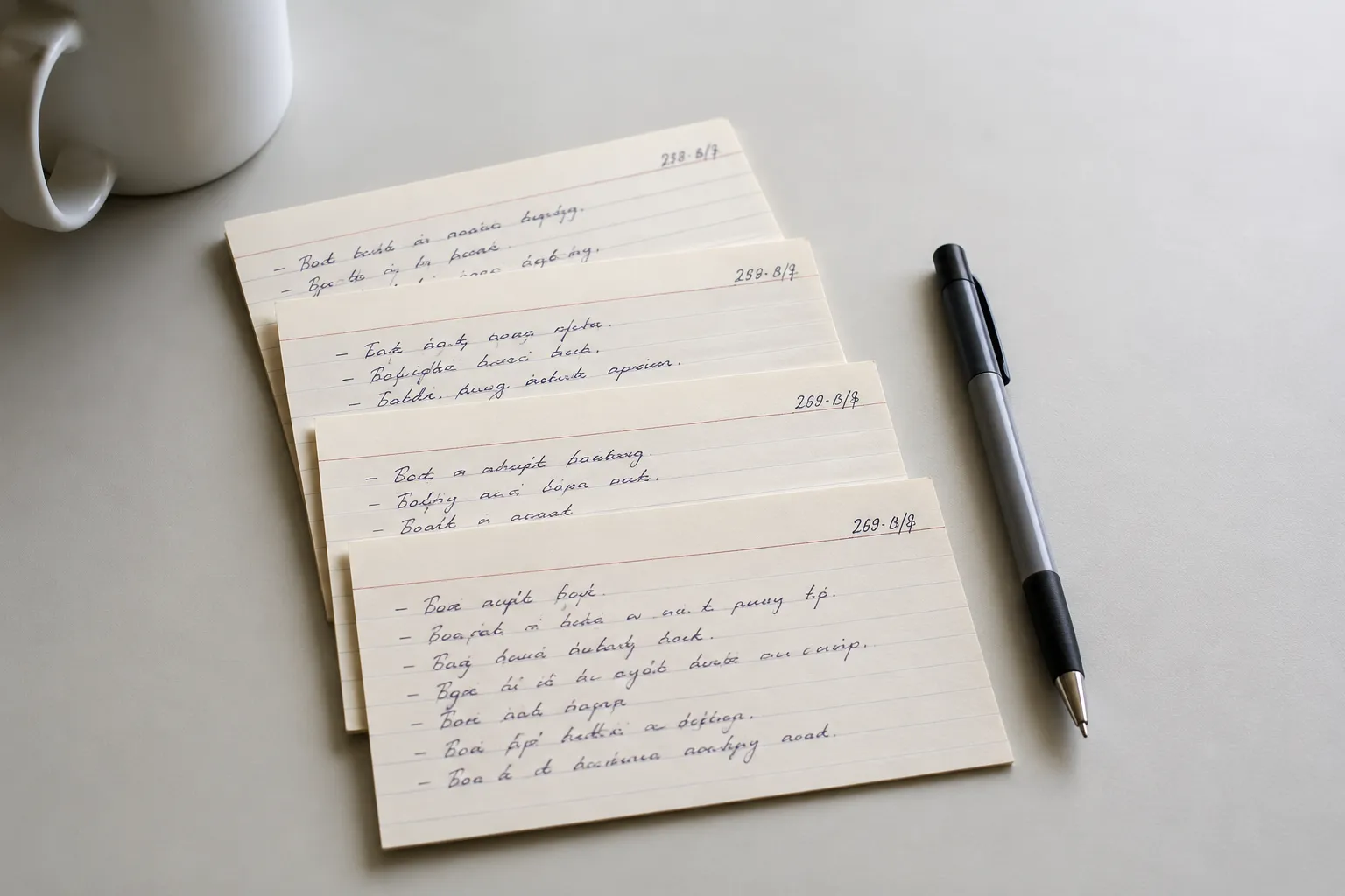 Overhead documentary-style photo of four handwritten index cards with unreadable notes fanned across a light gray desk beside a slim pen and a white mug, representing field notes tracking the most.