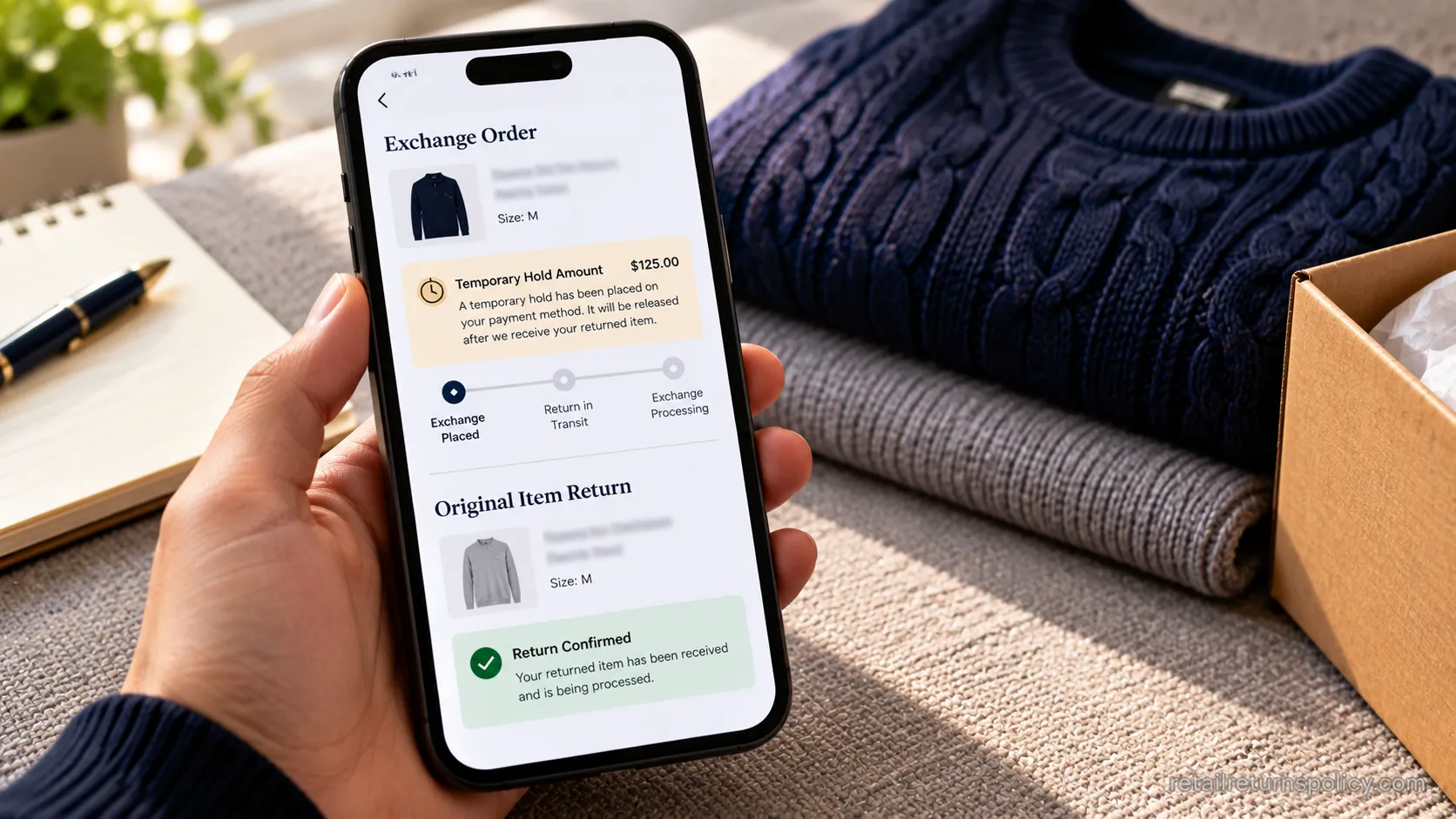 Ralph Lauren online exchange showing a temporary credit hold on a smartphone screen.